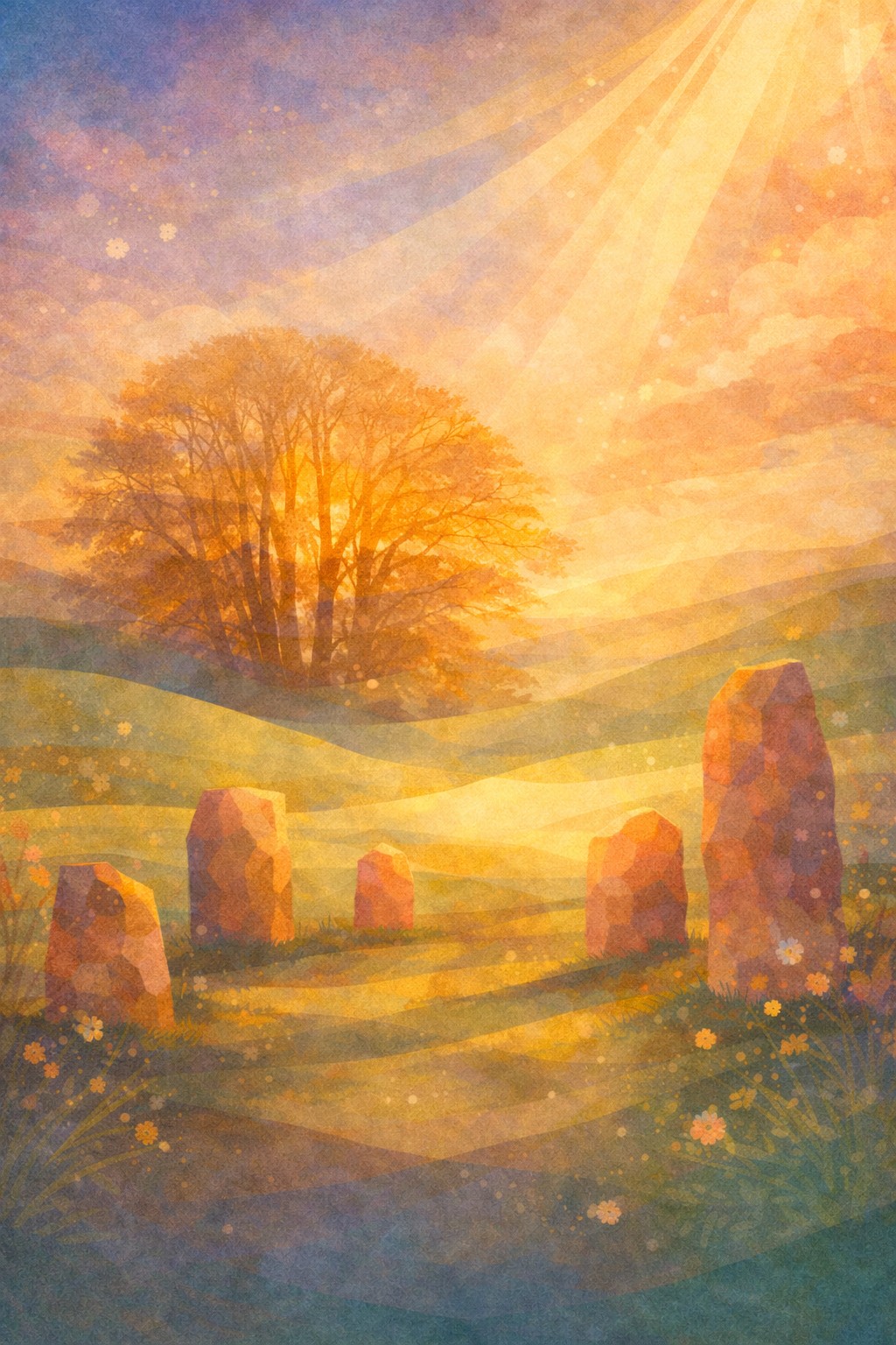 Sunlit artistic scene of standing stones at dawn