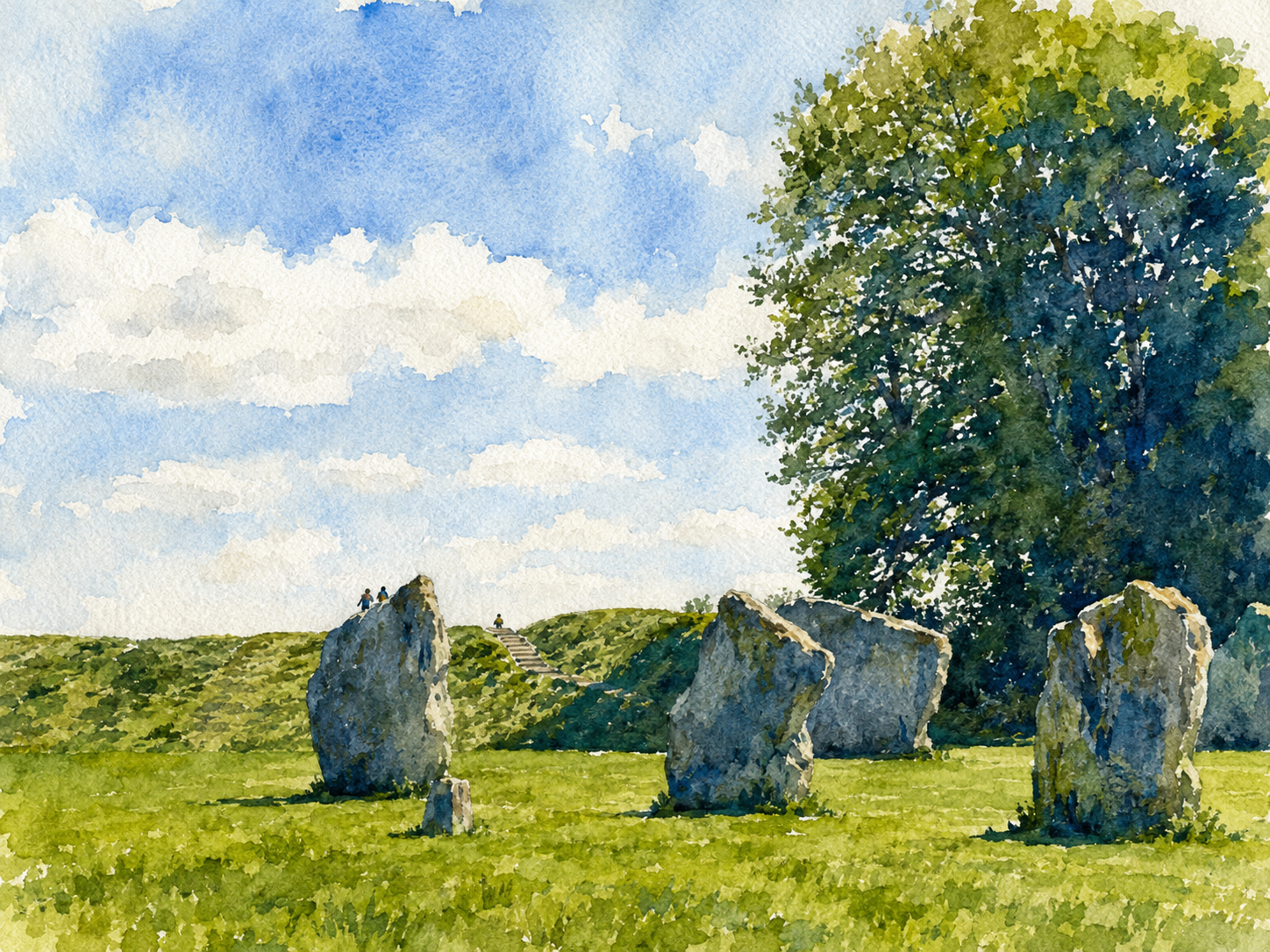 Watercolour view of Avebury standing stones beneath a wide summer sky