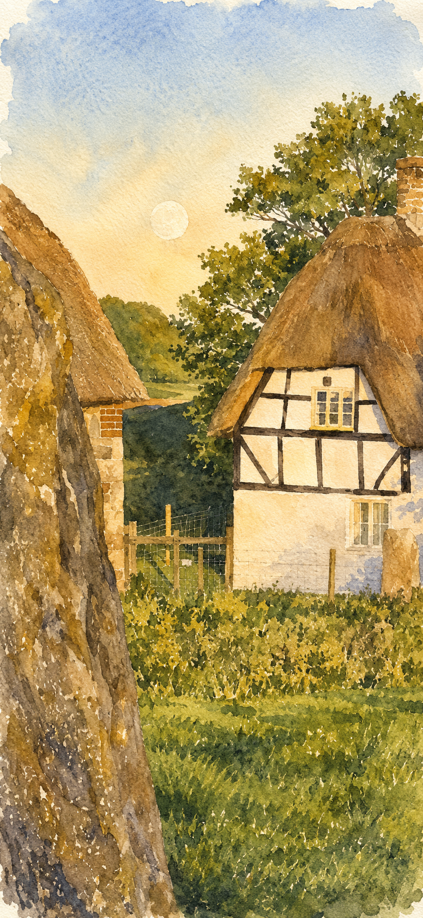 Watercolour view of Avebury cottages beside an ancient stone