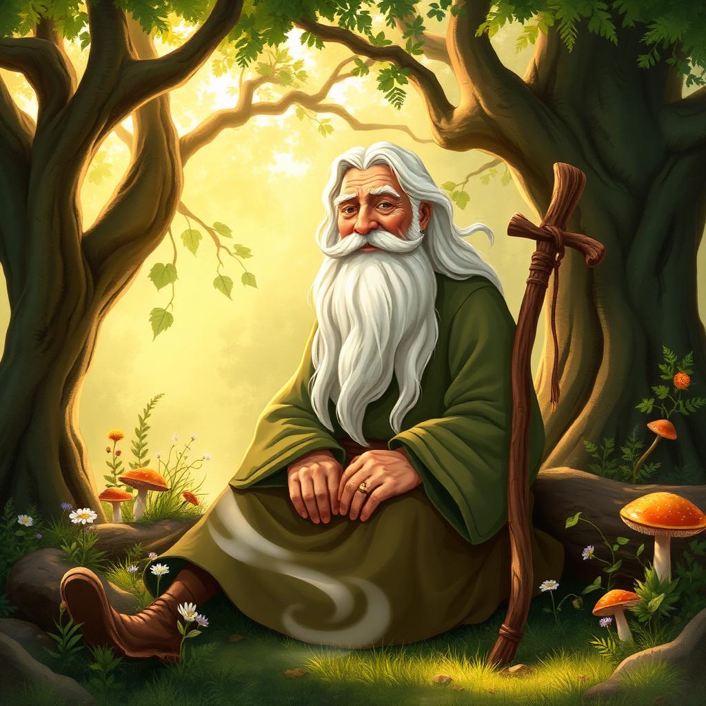 A wise old Druid sitting peacefully in a sun-dappled woodland grove